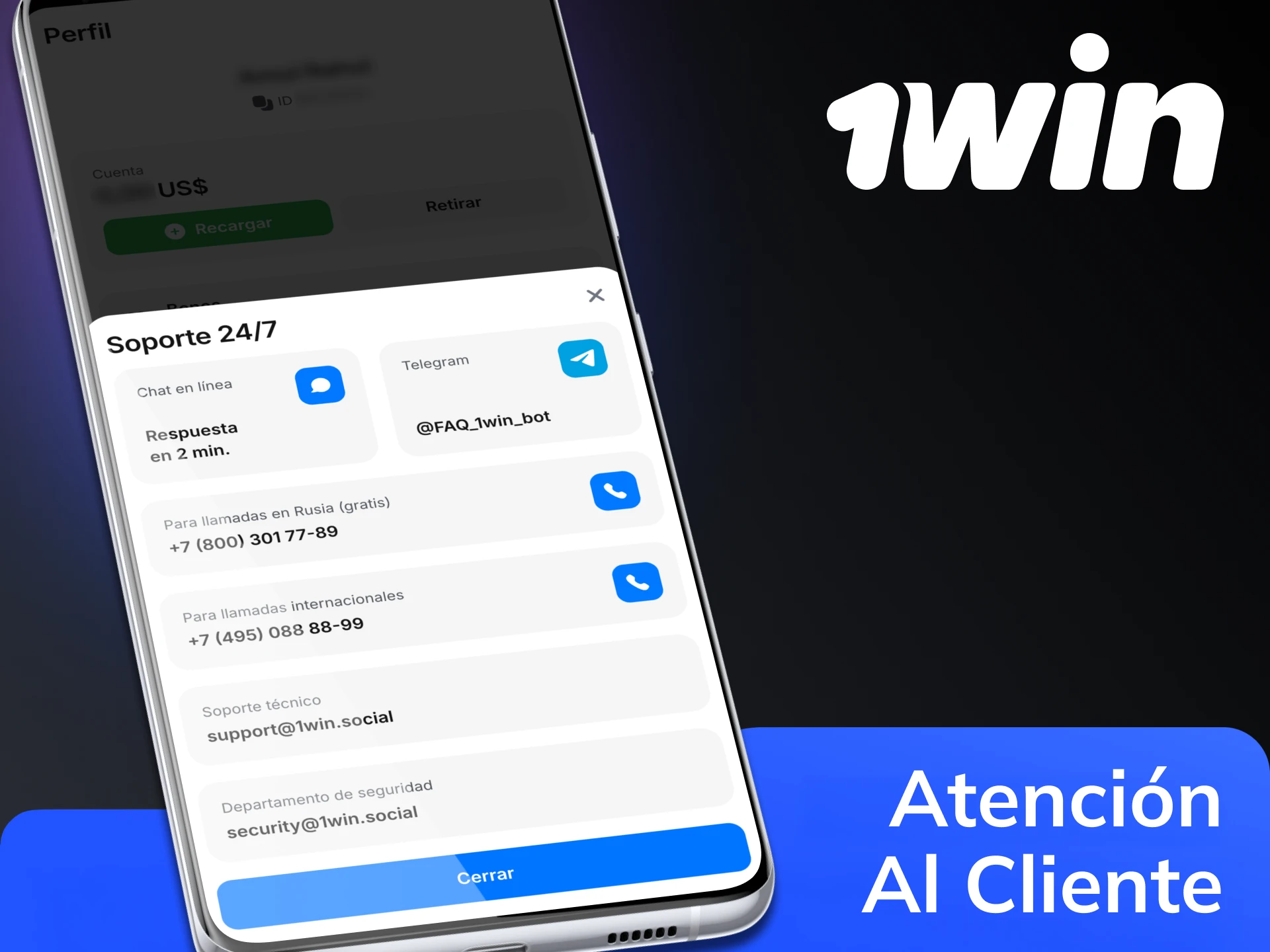 Elige tu método en la aplicación 1Win para ponerte en contacto con el servicio de asistencia.