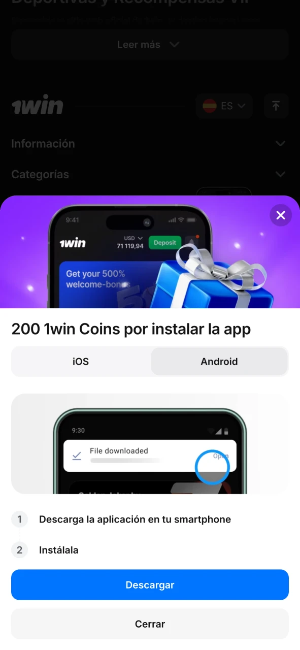 Haga clic en el botón para descargar la aplicación móvil 1Win.