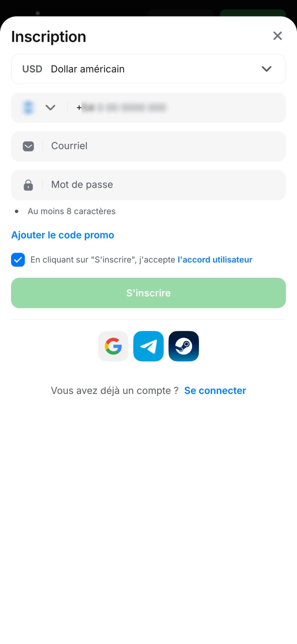 Ouvrez le formulaire d'inscription sur l'application 1Win.