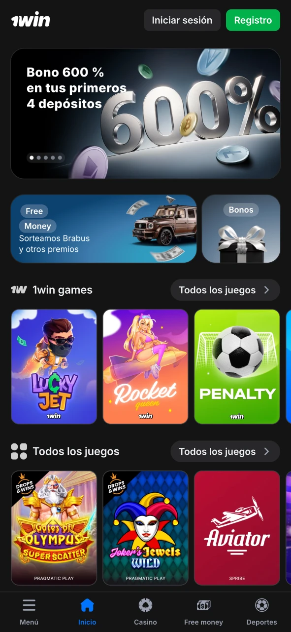 Visita la página principal de la aplicación oficial de 1Win.