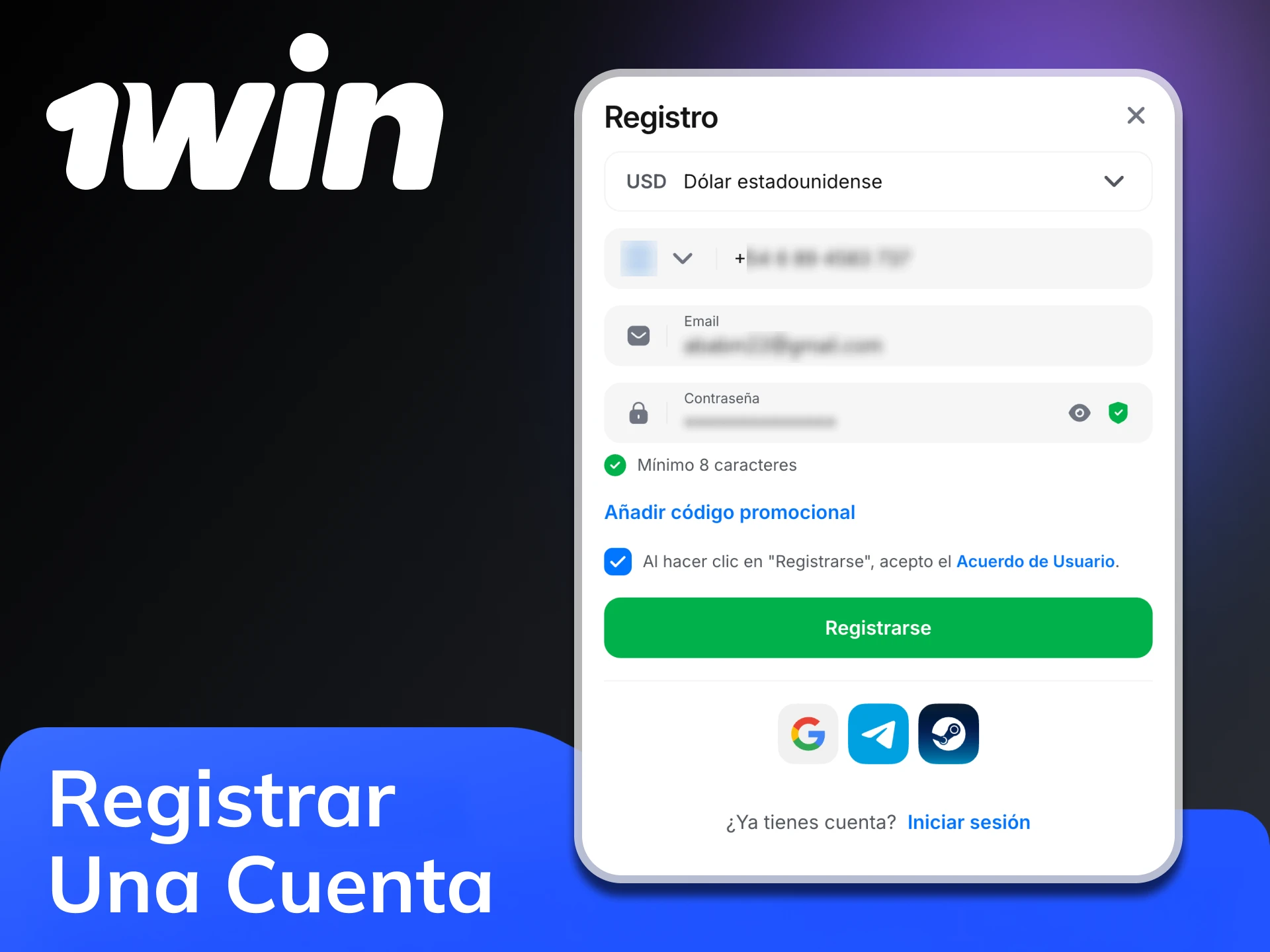 El registro en la aplicación 1Win es tan sencillo como en el sitio web.