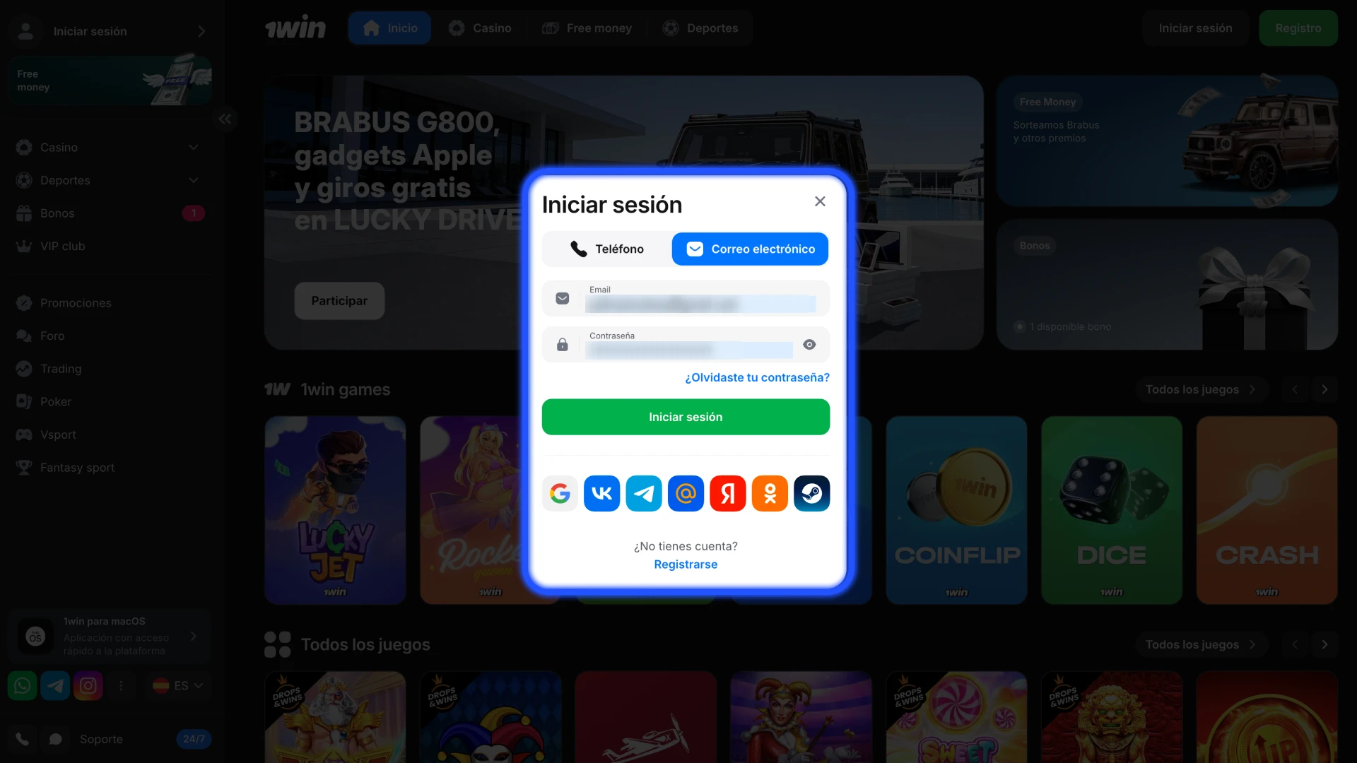Inicie sesión en su cuenta de 1win utilizando su información personal.