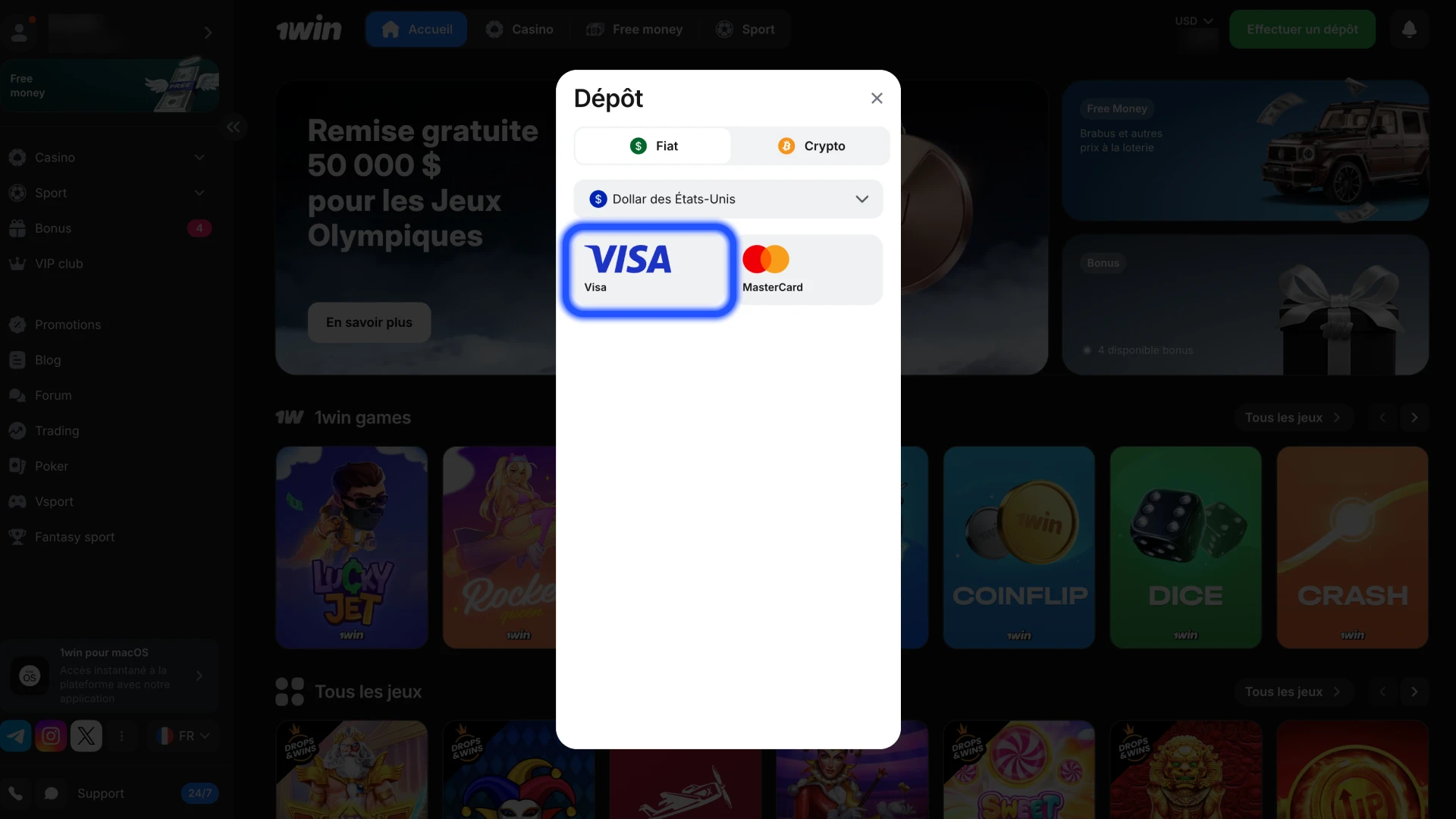 Choisissez le système de paiement pour le dépôt chez 1Win.