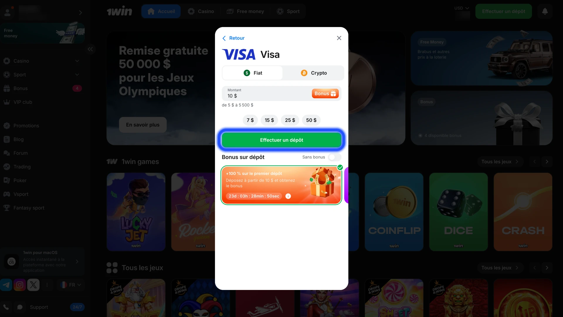 Entrez les informations requises et confirmez le paiement 1Win.