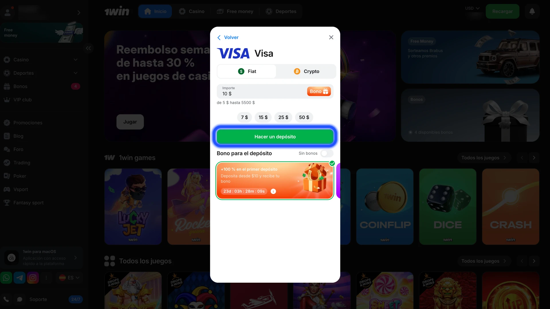 Introduzca los datos necesarios y confirme el pago en 1Win.