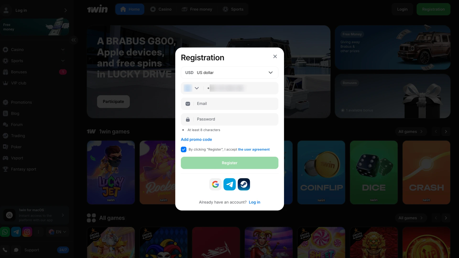 Start from registering your account at 1Win.