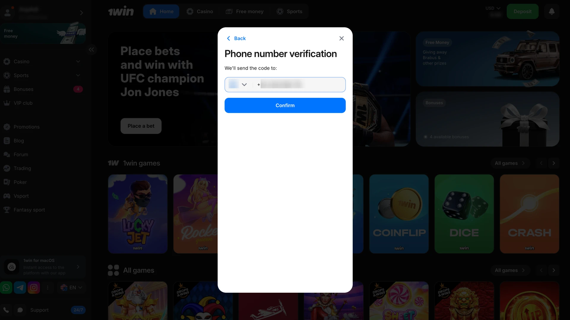 Confirm your email address and phone number at 1Win settings.