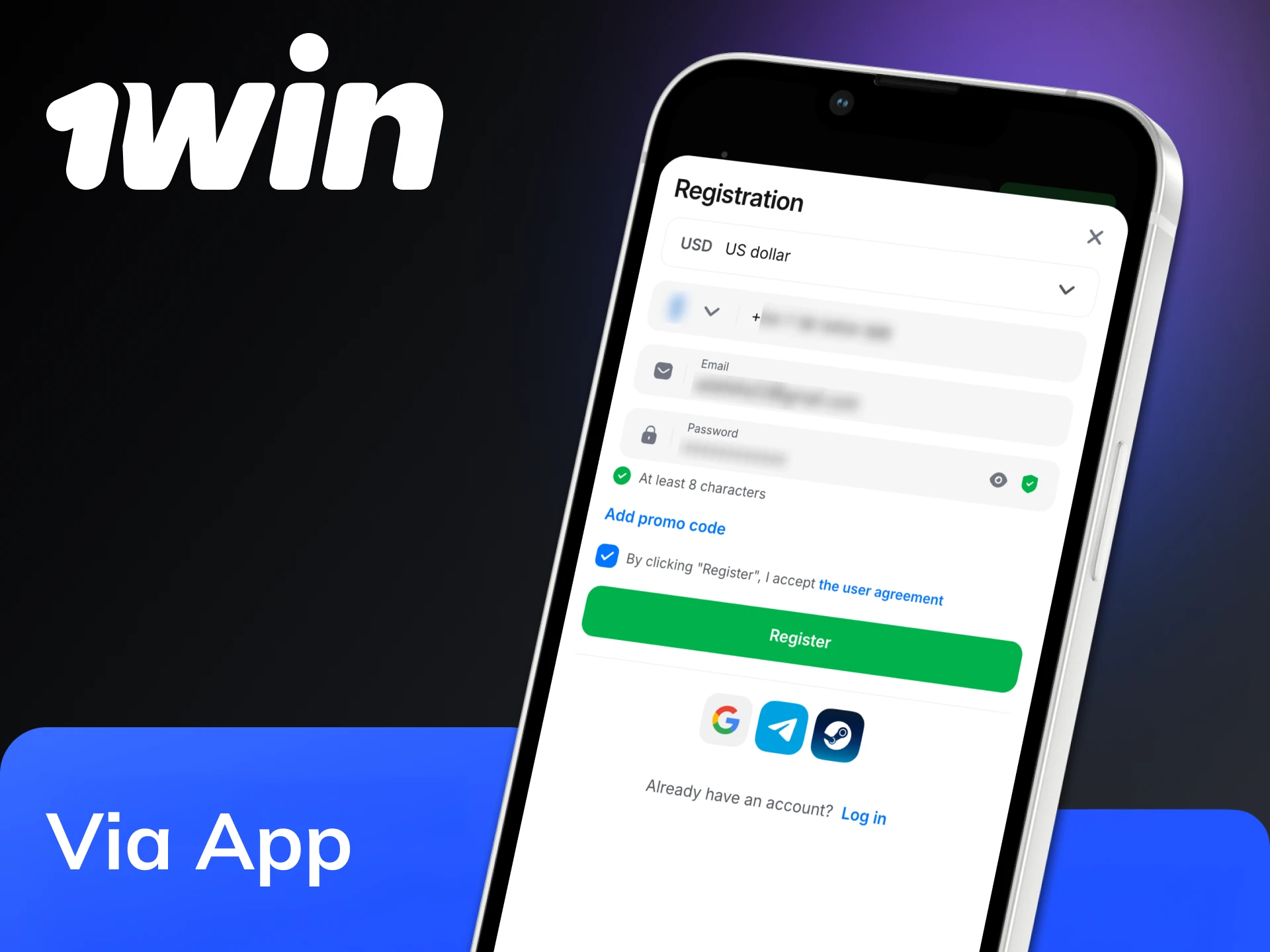 You can register via 1Win app as easy as on website.