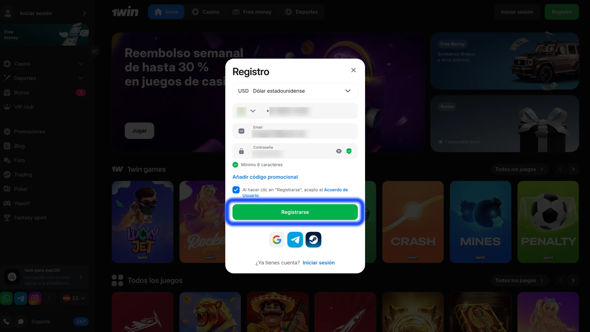 Comprueba los detalles y completa el proceso de registro en 1Win.